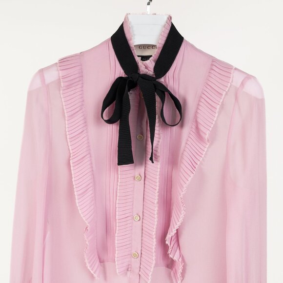 Gucci Resort 2016 Pink Silk Pleated Ruffle Tie-Neck Shirt - Picture 4 of 10